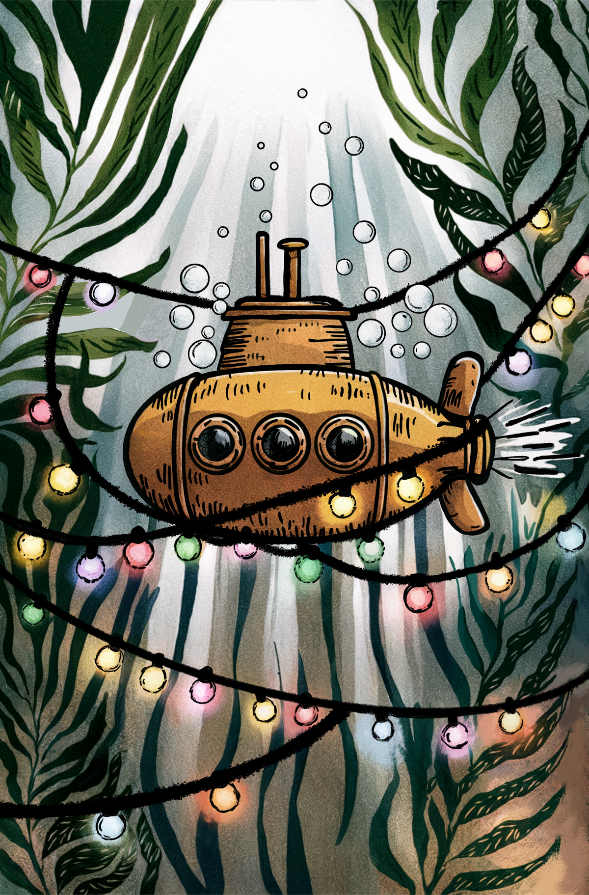 Unpublished botanical artwork: an artist and a Siamese cat surrounded by oversized mistletoe against a coral background